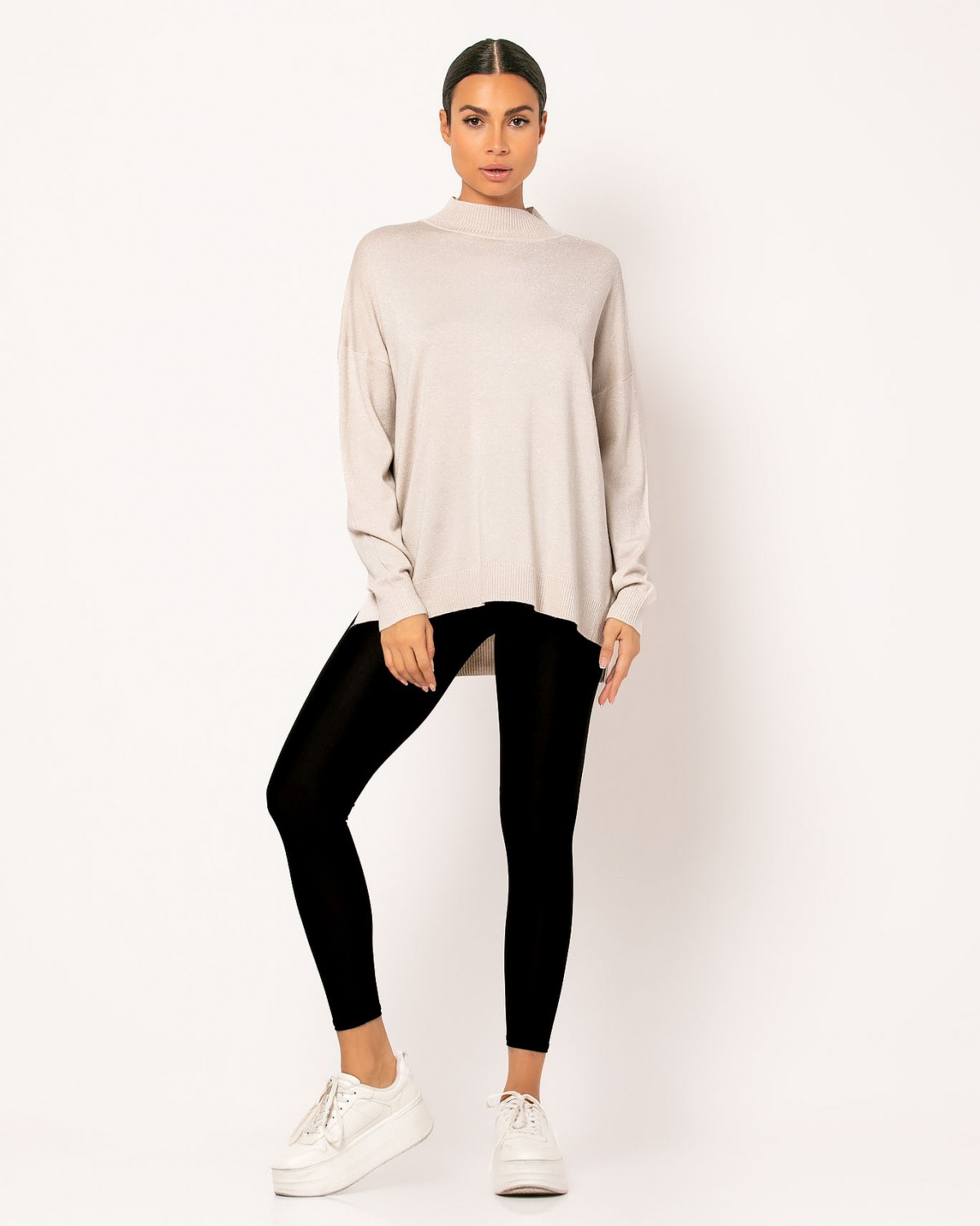 Μπλούζα ψιλό πλεκτό απαλή υφή λούρεξ με άνοιγμα στο πλάι Μπεζ 