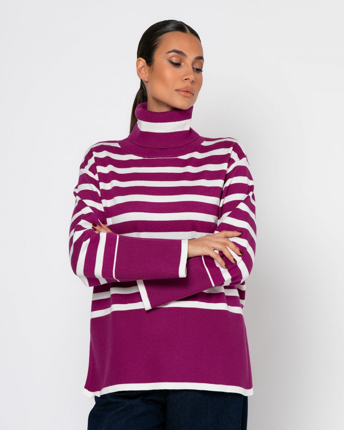 Μπλούζα πλεκτή ζιβάγκο ριγέ με άνοιγμα στο πλάι Εκρού - Magenta