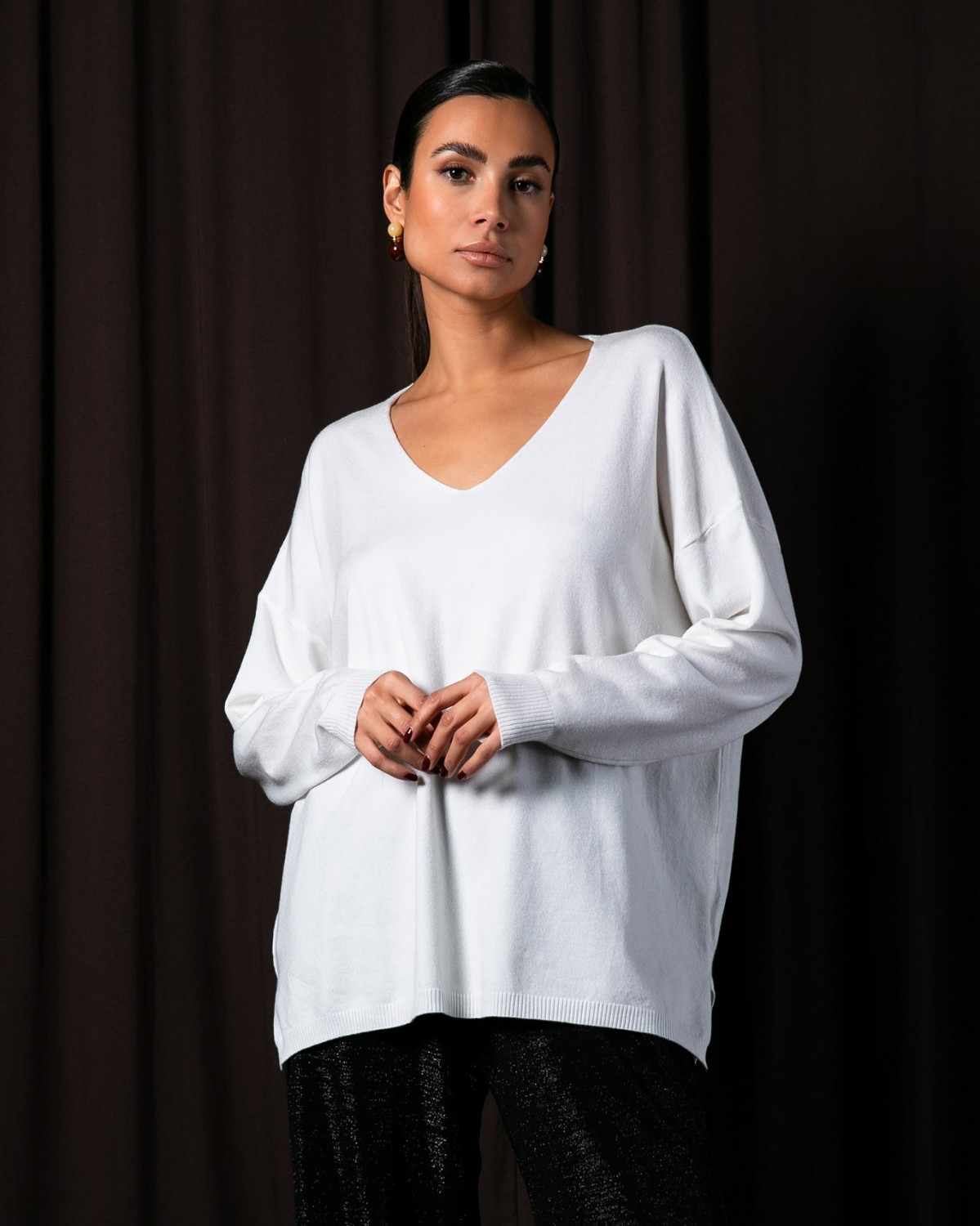 Μπλούζα ψιλό πλεκτό απαλή υφή με "V" Εκρού 