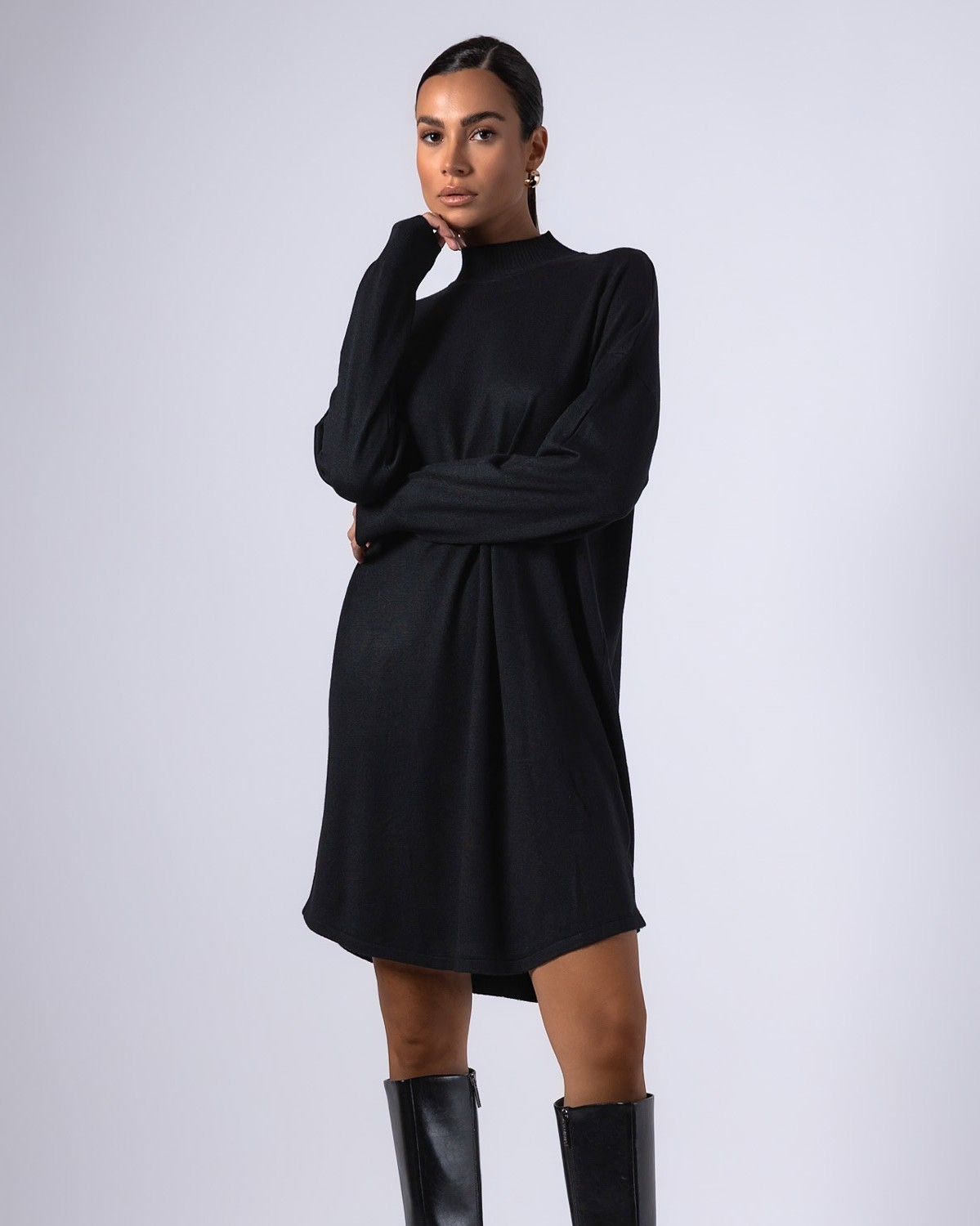 Φόρεμα ψιλό πλεκτό με κλειστό λαιμό Μαύρο 