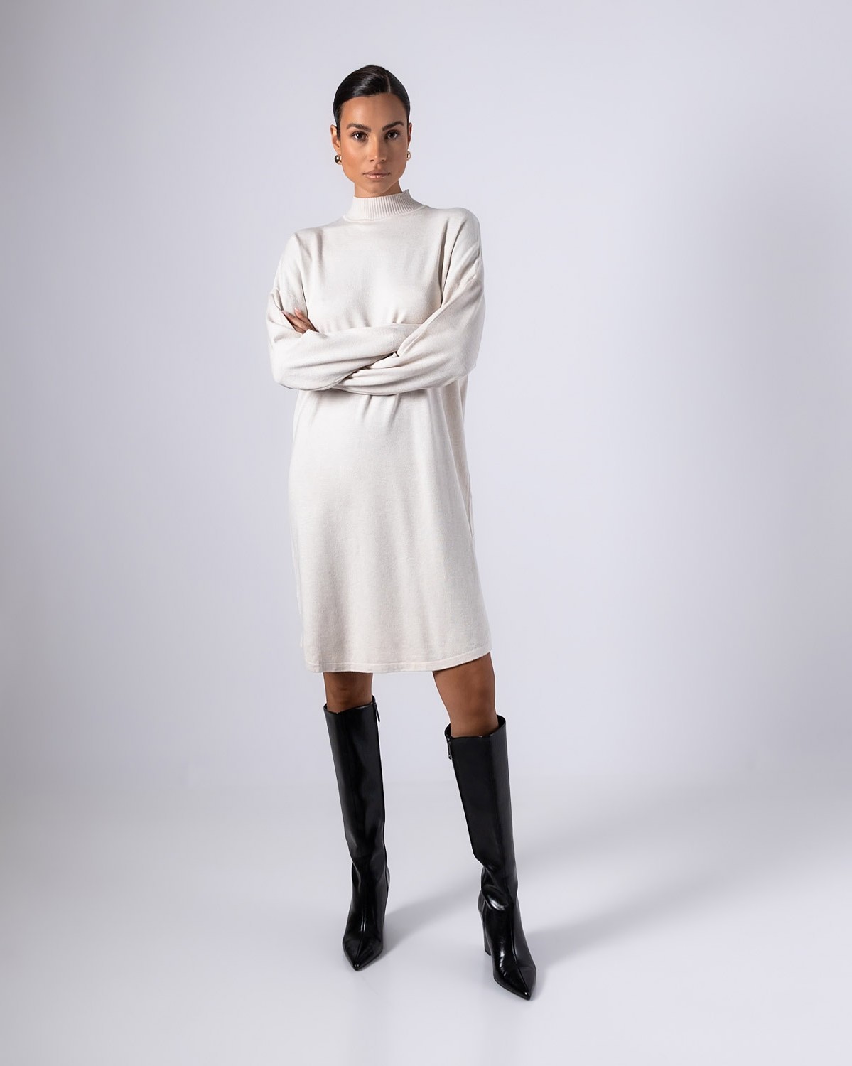 Φόρεμα ψιλό πλεκτό με κλειστό λαιμό Cream