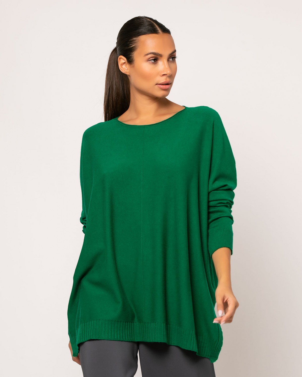 Μπλούζα μακρυμάνικη ψιλό πλεκτό απαλή υφή oversized με άνοιγμα στο πλάι Πράσινο 