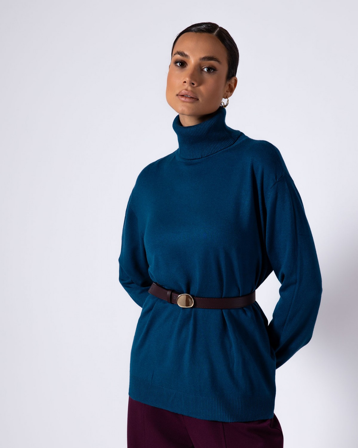 Μπλούζα μακρυμάνικη ψιλό πλεκτό απαλή υφή με γυριστό ζιβάγκο Petrol