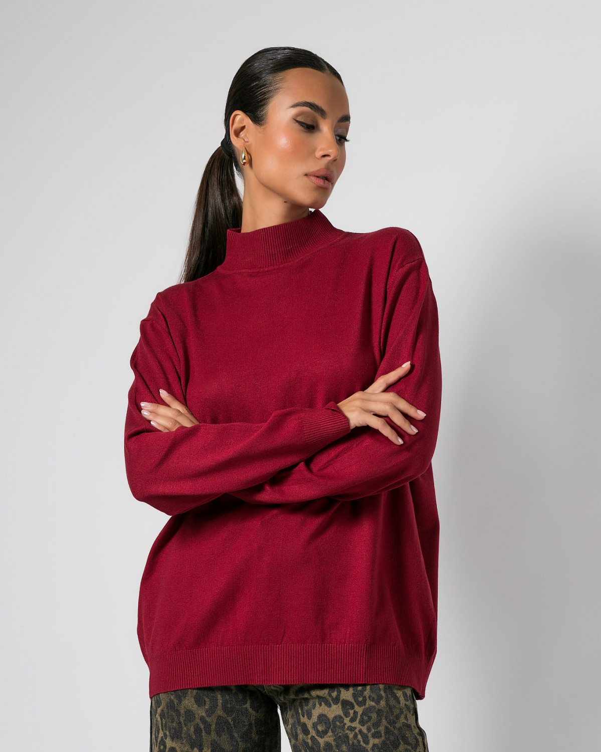 Μπλούζα μακρυμάνικη ψιλό πλεκτό απαλή υφή ζιβάγκο Μπορντώ 