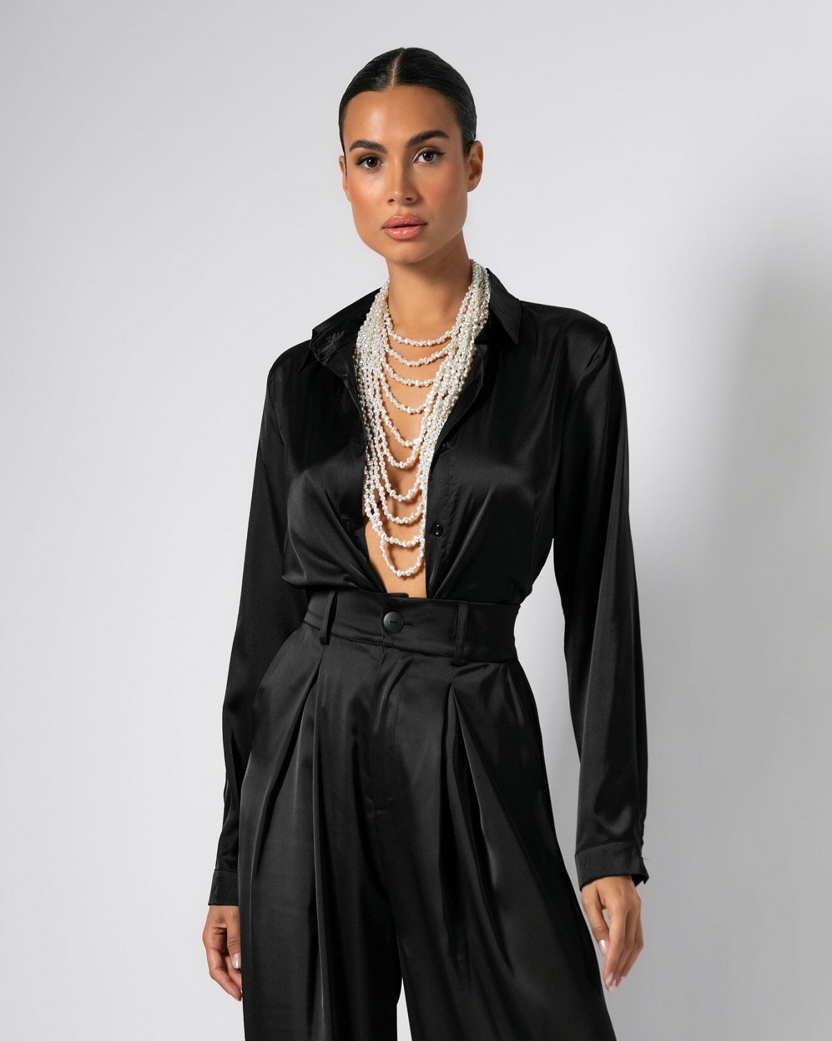 Πουκάμισο μακρυμάνικο σατέν Μαύρο 