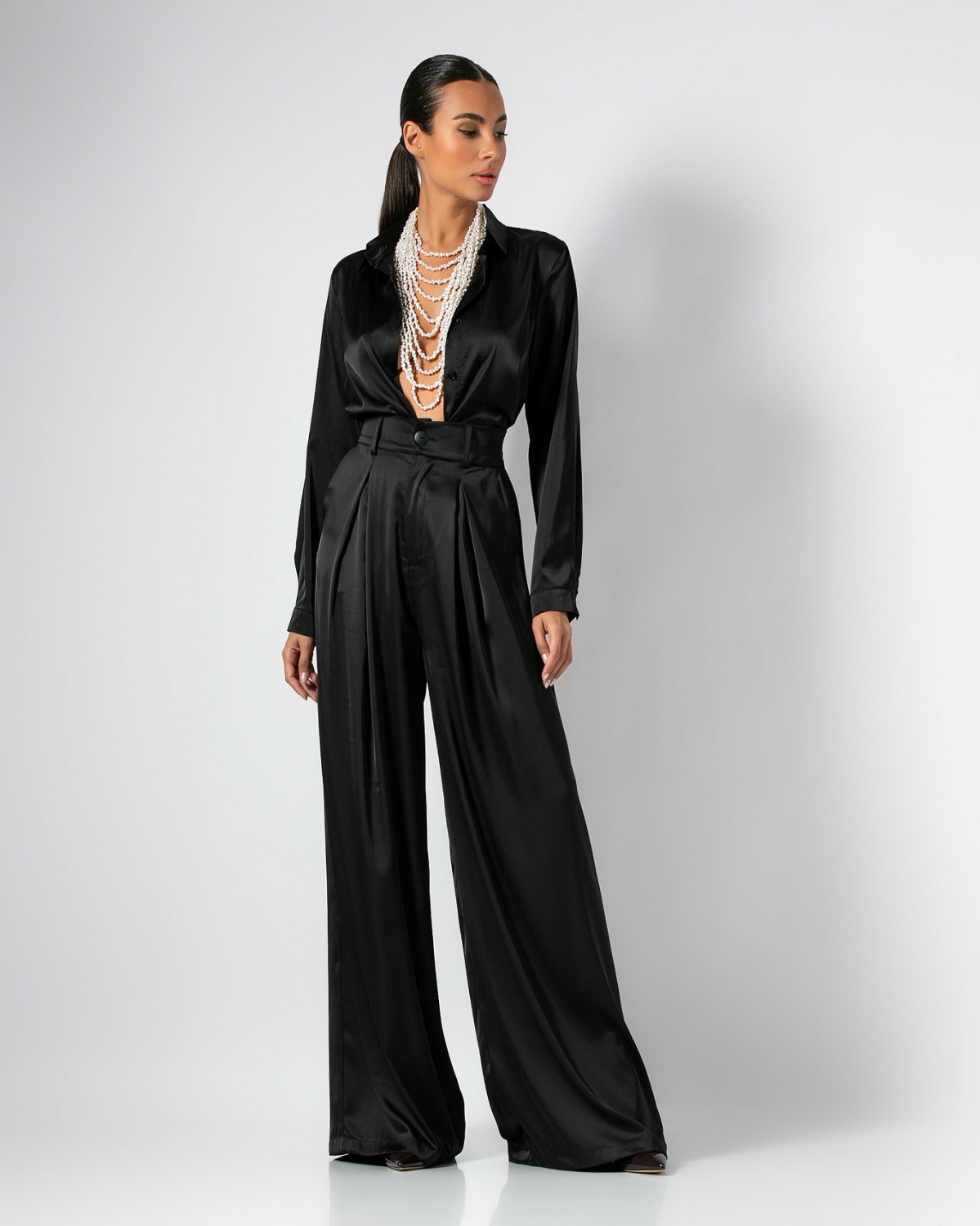 Πουκάμισο μακρυμάνικο σατέν Μαύρο 