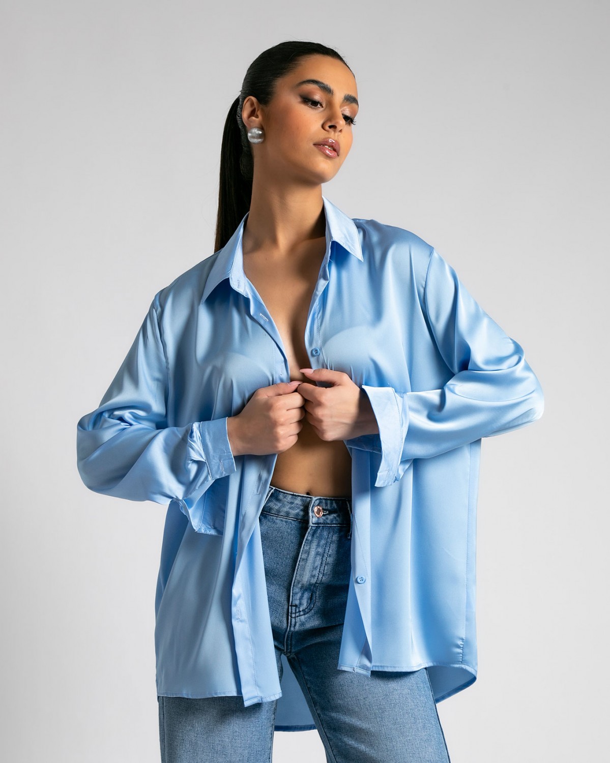 Πουκάμισο σατέν με κουφόπιετα στην πλάτη Γαλάζιο 