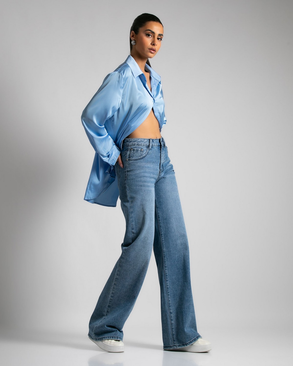 Πουκάμισο σατέν με κουφόπιετα στην πλάτη Γαλάζιο 