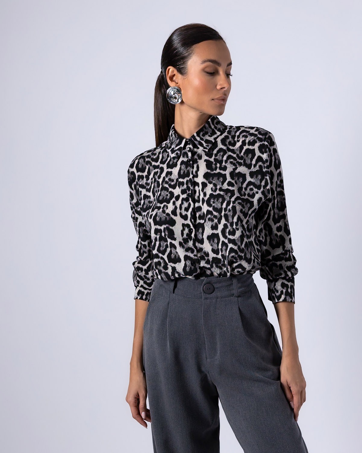 Πουκάμισο μακρυμάνικο σατέν animalprint Grey 