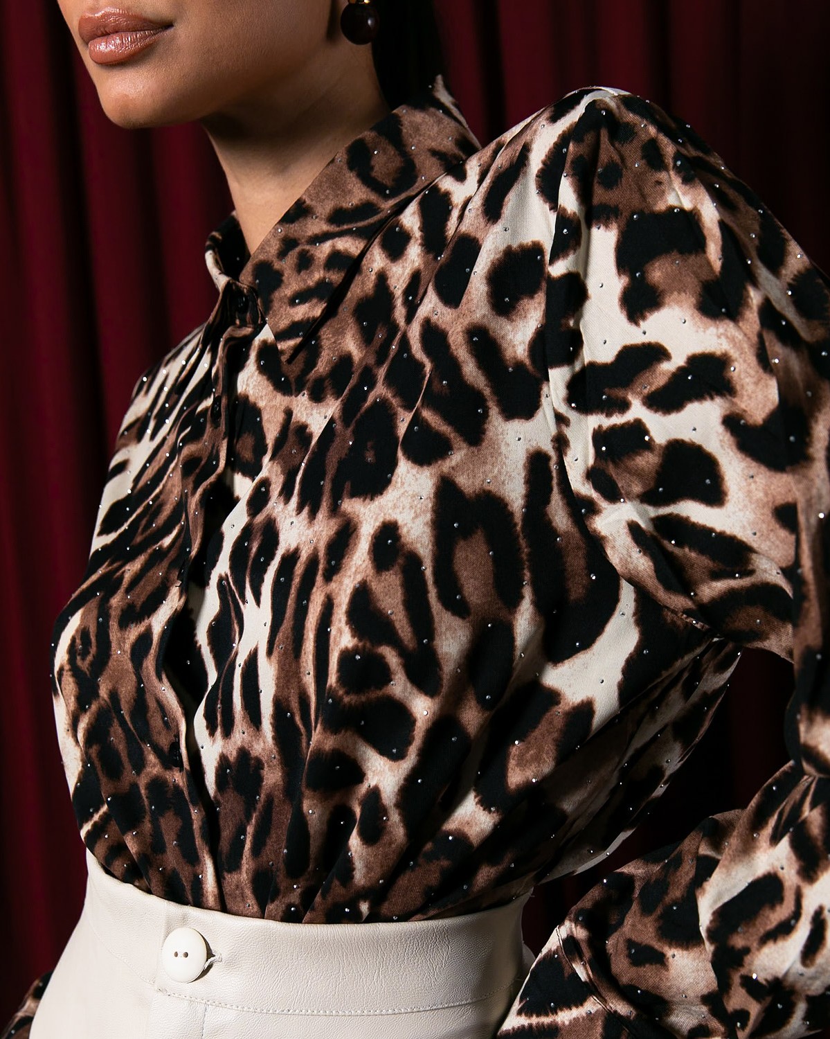 Πουκάμισο μακρυμάνικο leopar με strass Brown