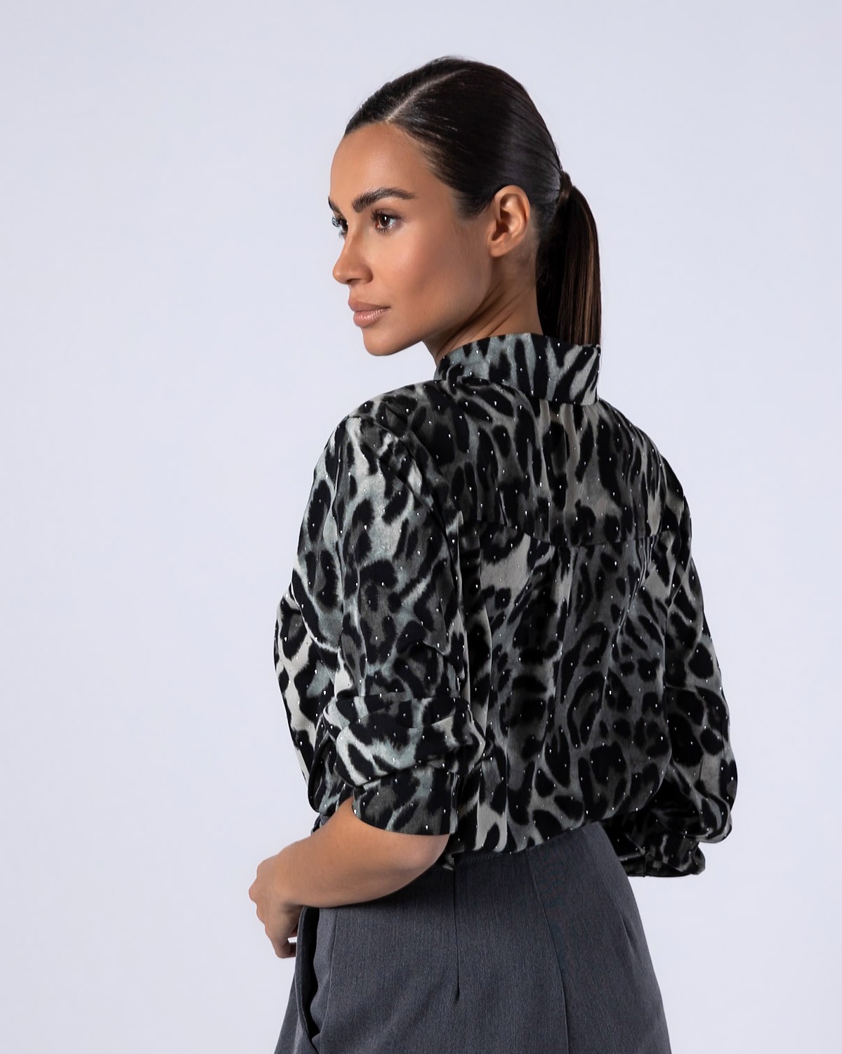 Πουκάμισο μακρυμάνικο leopar με strass Grey