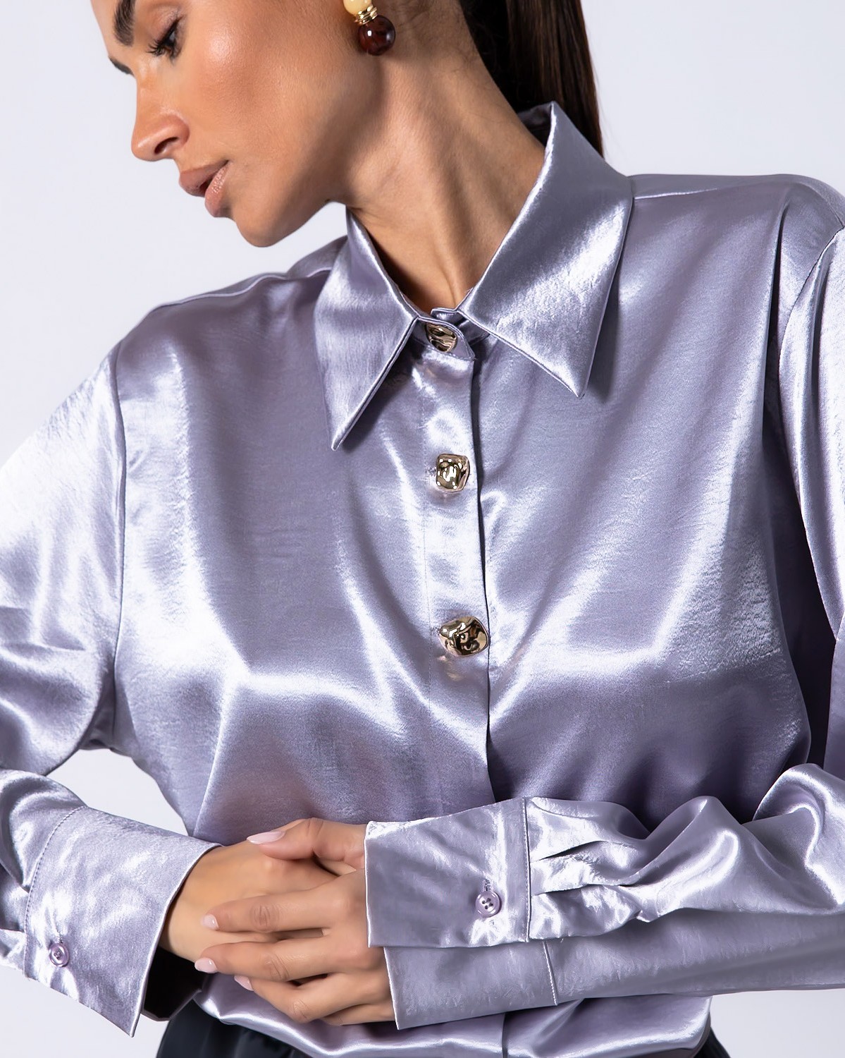 Πουκάμισο μακρυμάνικο σατέν με χρυσά κουμπιά Grey