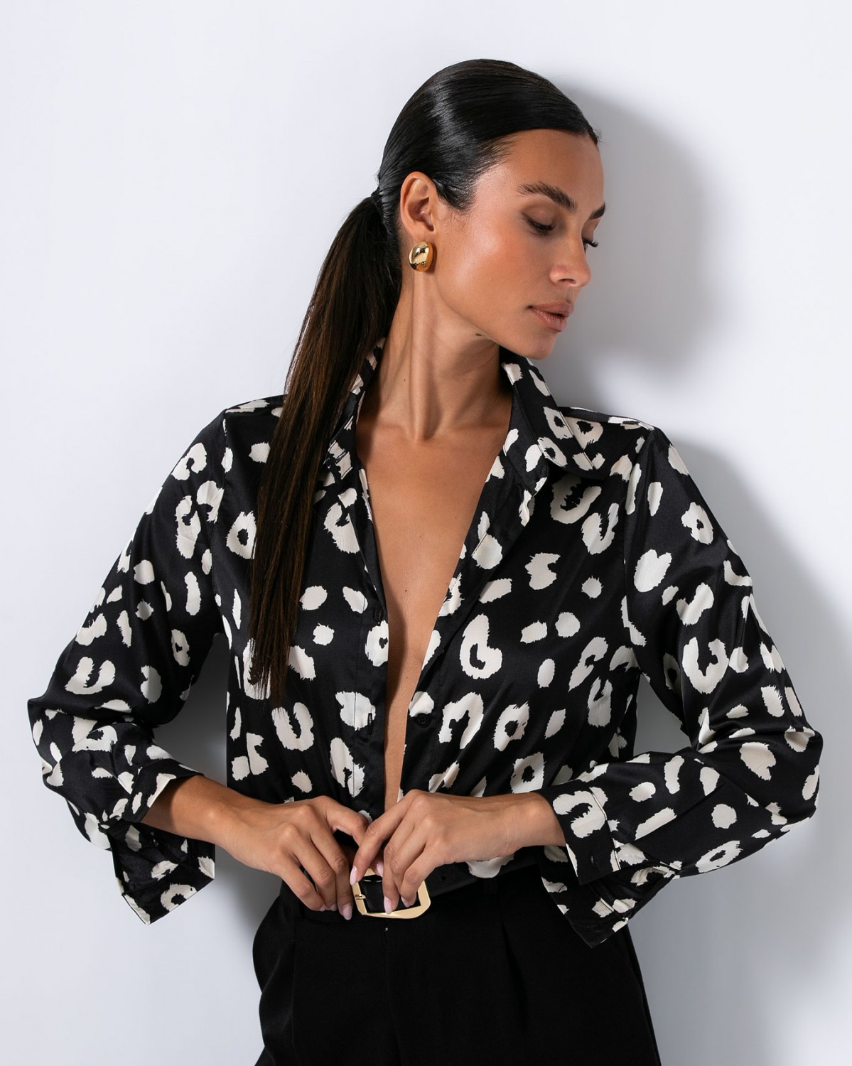 Πουκάμισο μακρυμάνικο σατέν animal print Black