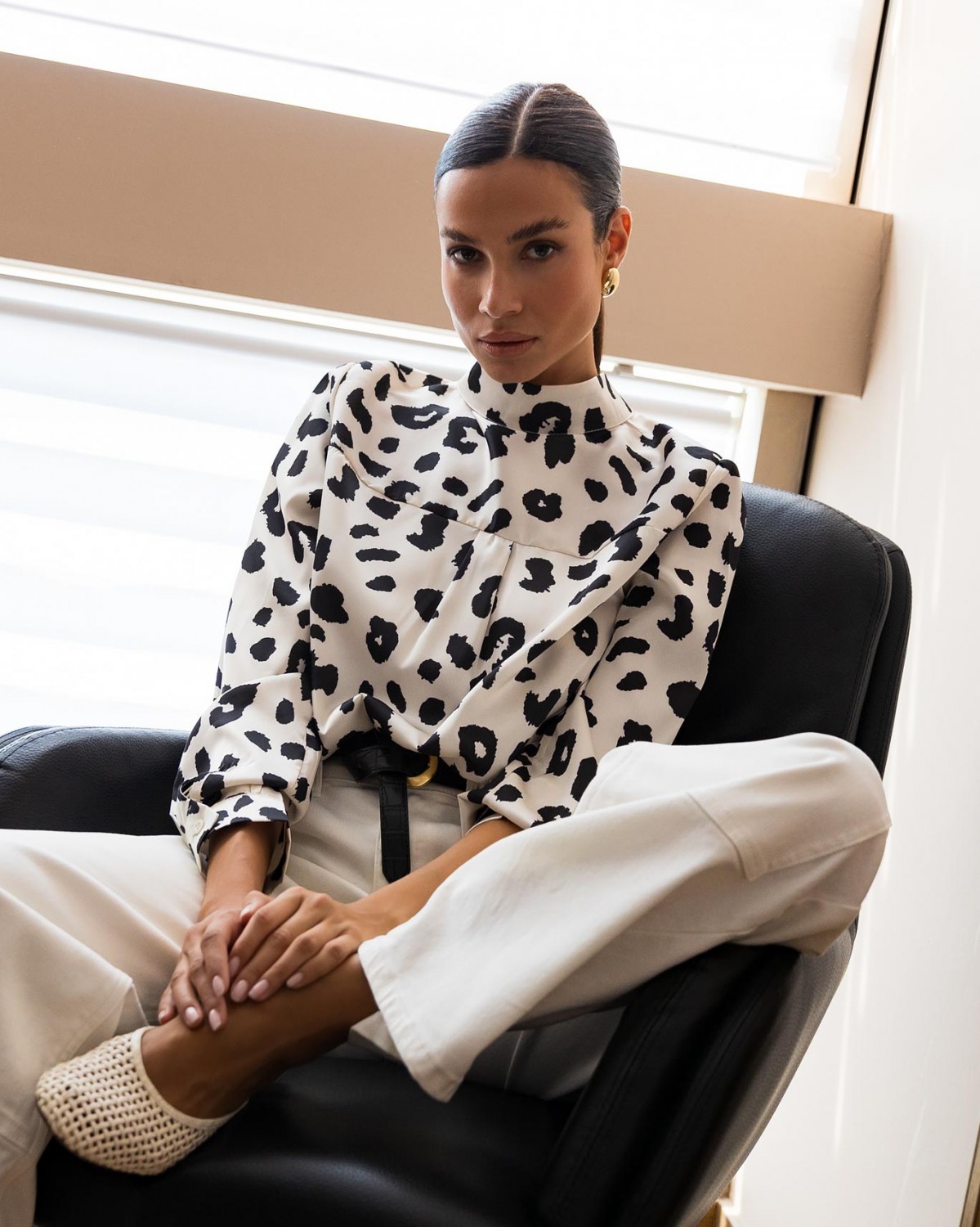 Πουκάμισο μακρυμάνικο σατέν animal print Off white