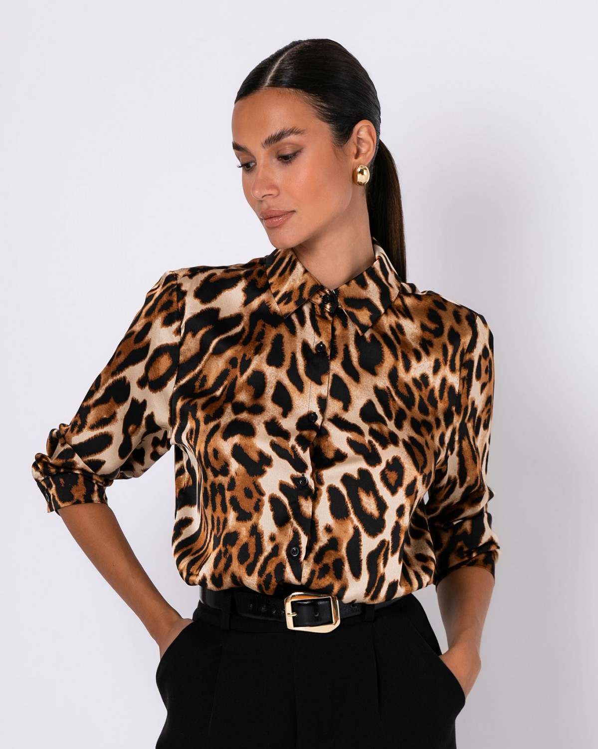 Πουκάμισο μακρυμάνικο σατέν animal print Camel 