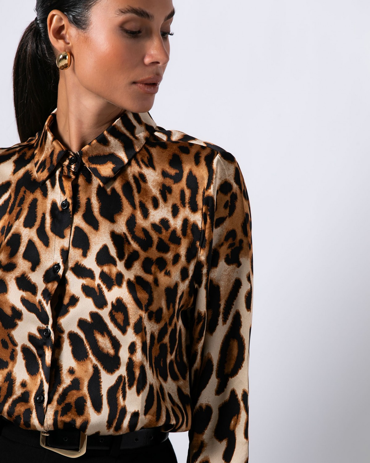 Πουκάμισο μακρυμάνικο σατέν animal print Camel 