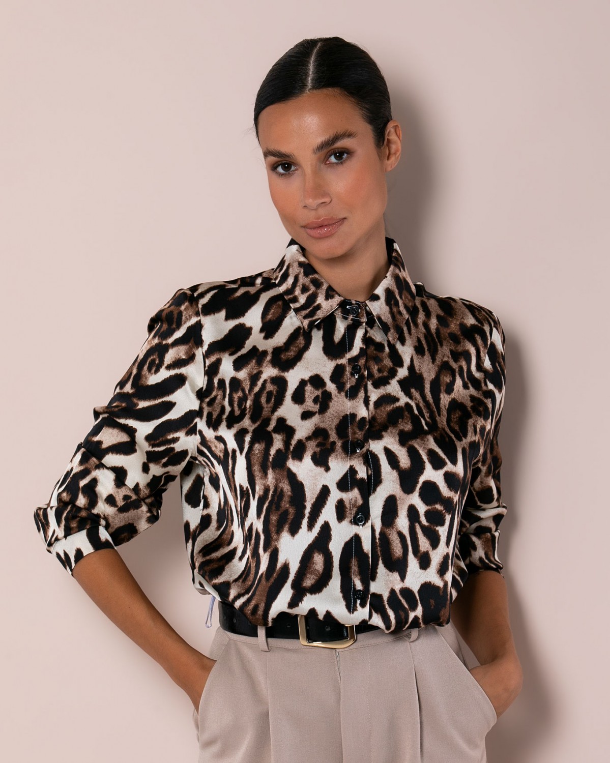 Πουκάμισο μακρυμάνικο σατέν animal print Beige