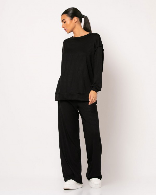Σετ μπλούζα μακρυμάνικη σε διάταξη ριπ - Παντελόνι ψηλόμεσο με λάστιχο στην μέση Μαύρο