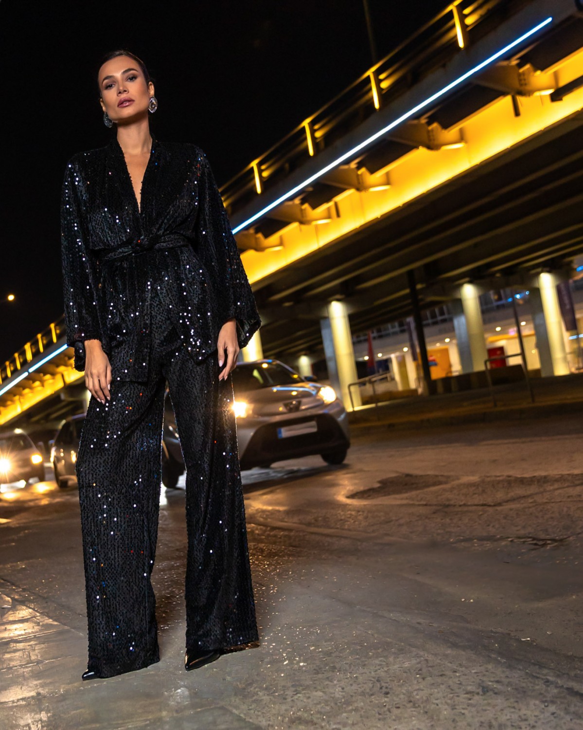 Σετ κιμονό με καμπάνα μανίκι - Παντελόνι ψηλόμεσο Μαύρο  