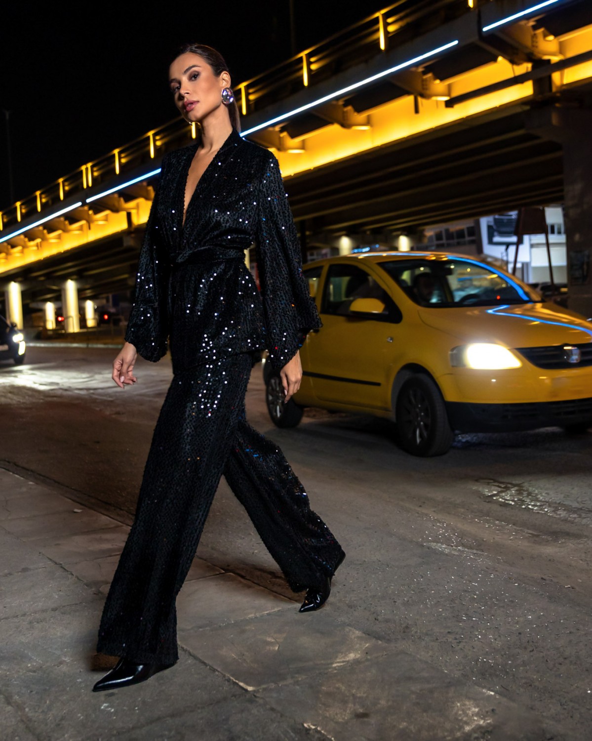 Σετ κιμονό με καμπάνα μανίκι - Παντελόνι ψηλόμεσο Μαύρο  