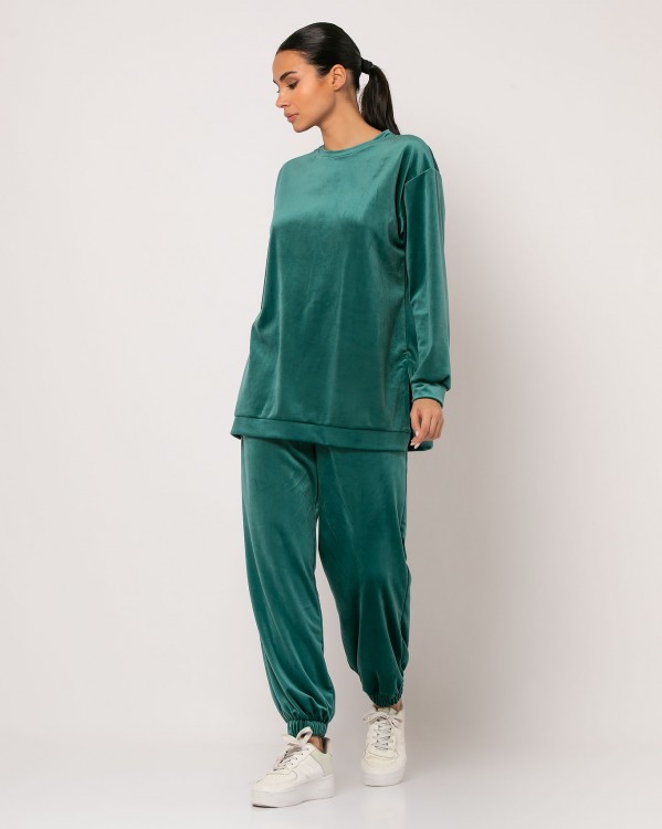 Σετ βελουτέ μπλούζα μακρυμάνικη με άνοιγμα πλάι - Παντελόνι με λάστιχο στην μέση Πράσινο