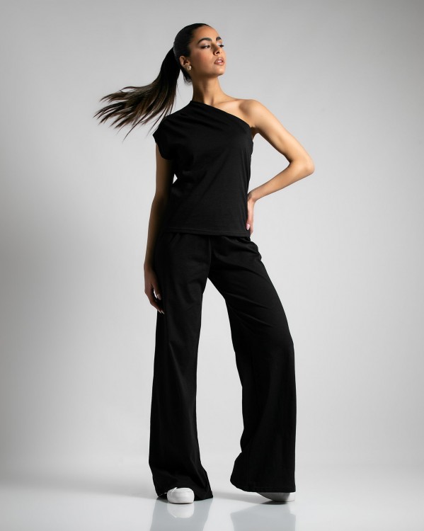 Σετ μπλούζα ζαπονέ με ένα μανίκι - Παντελόνα ψηλόμεση με λάστιχο στην μέση Μαύρο 