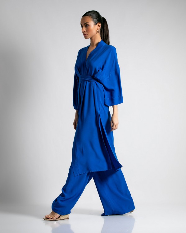Σετ κιμονό με τρουακάρ μανίκι και ζώνη - Παντελόνι με λάστιχο στην μέση Μπλε ρουά 