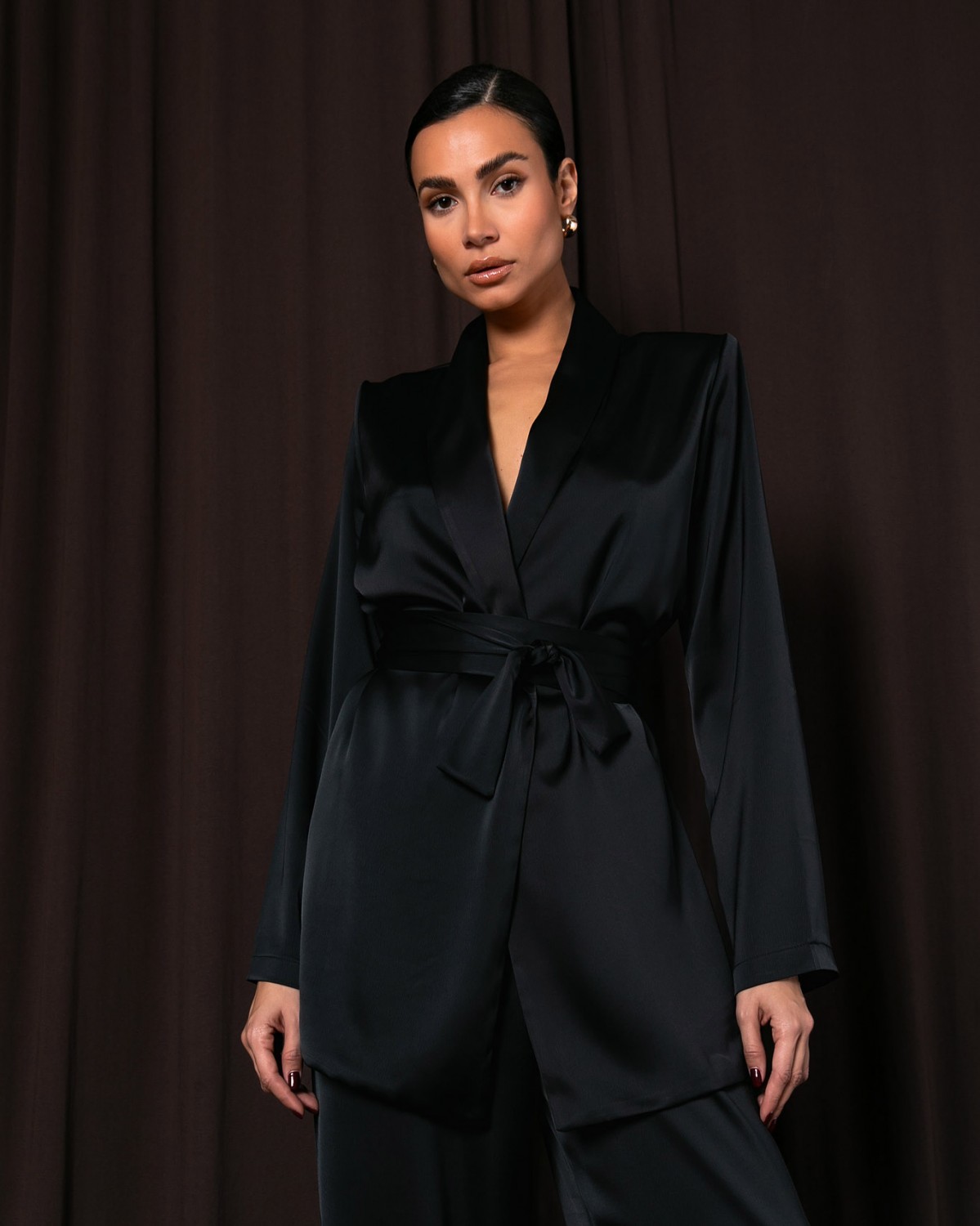 Σετ σατέν κιμονό μακρυμάνικο με ζώνη - Παντελόνα με λάστιχο στην μέση Μαύρο