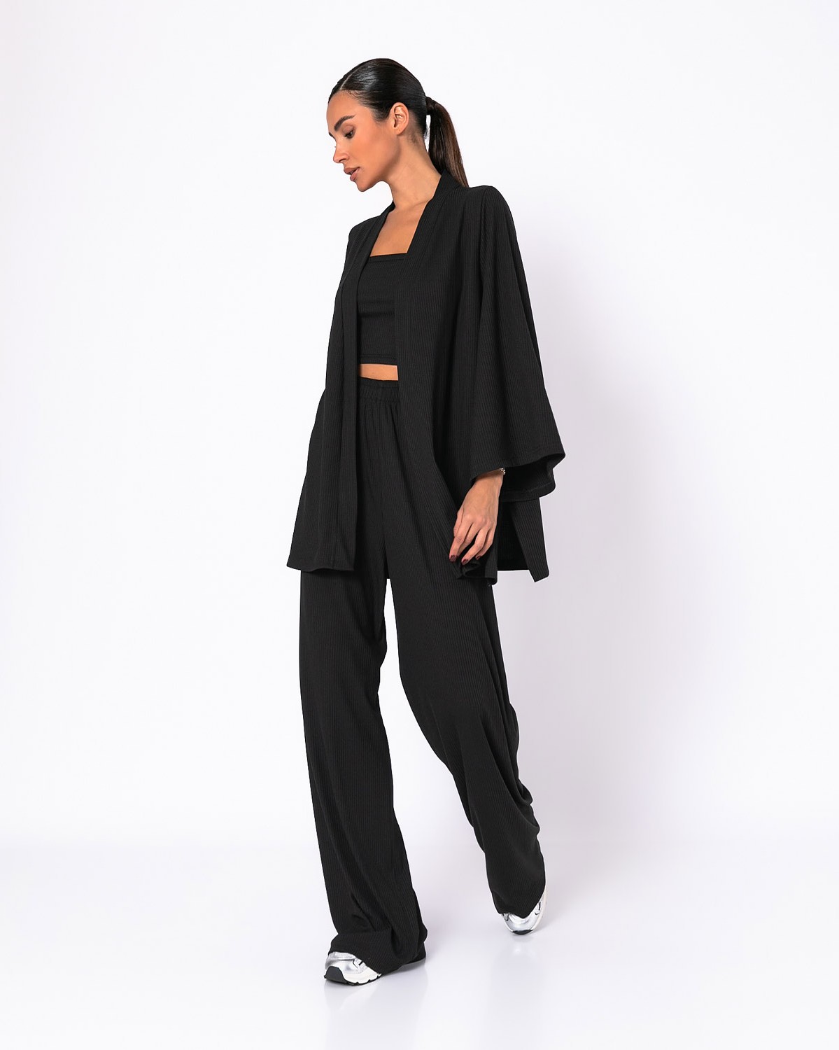 Σετ ζακέτα με crop top - Παντελόνα ψηλόμεση με λάστιχο και ζώνη στην μέση Black