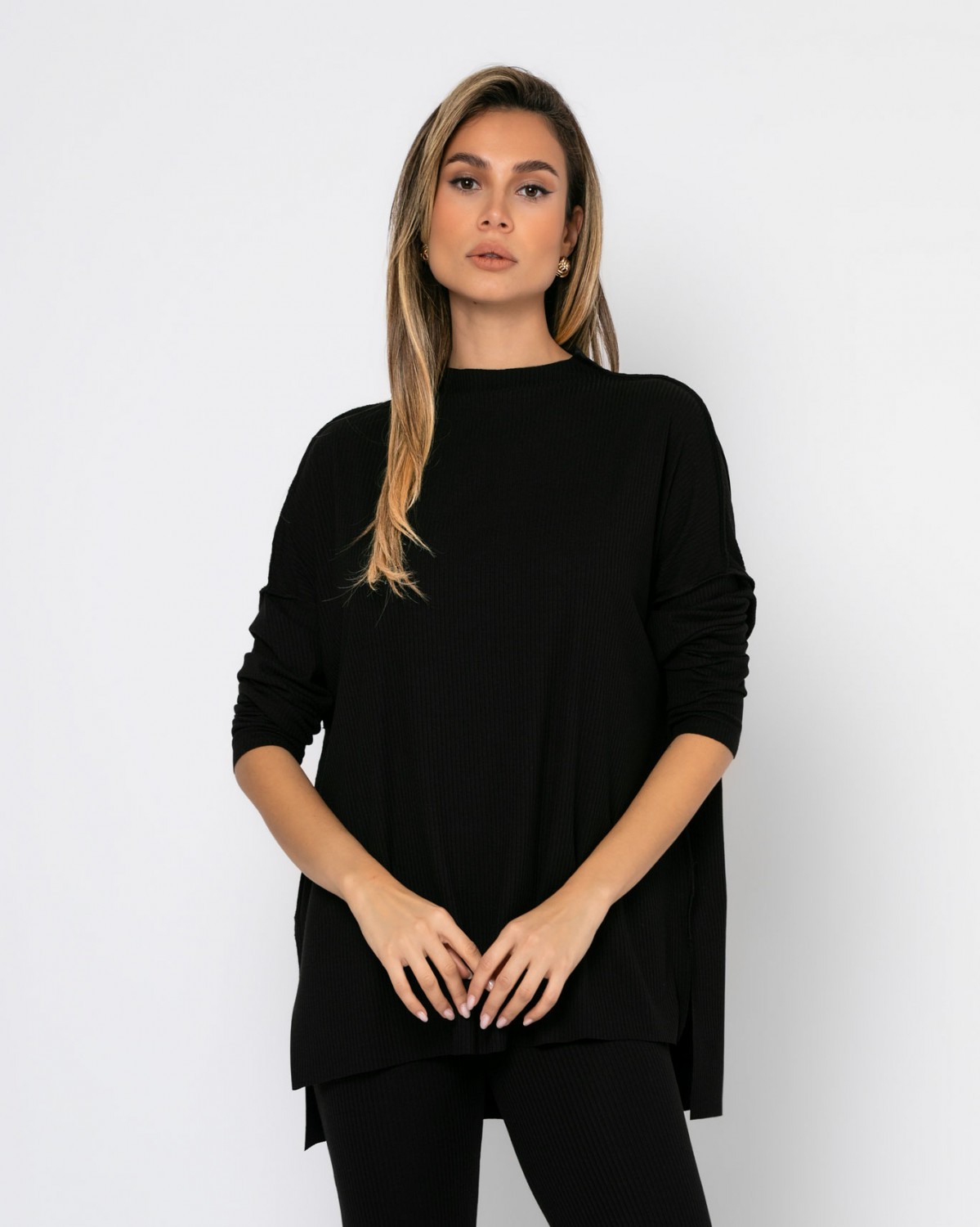 Σετ μπλούζα μακρυμάνικη με εξωτερικές ραφές - Παντελόνι ψηλόμεσο καμπάνα Μαύρο 