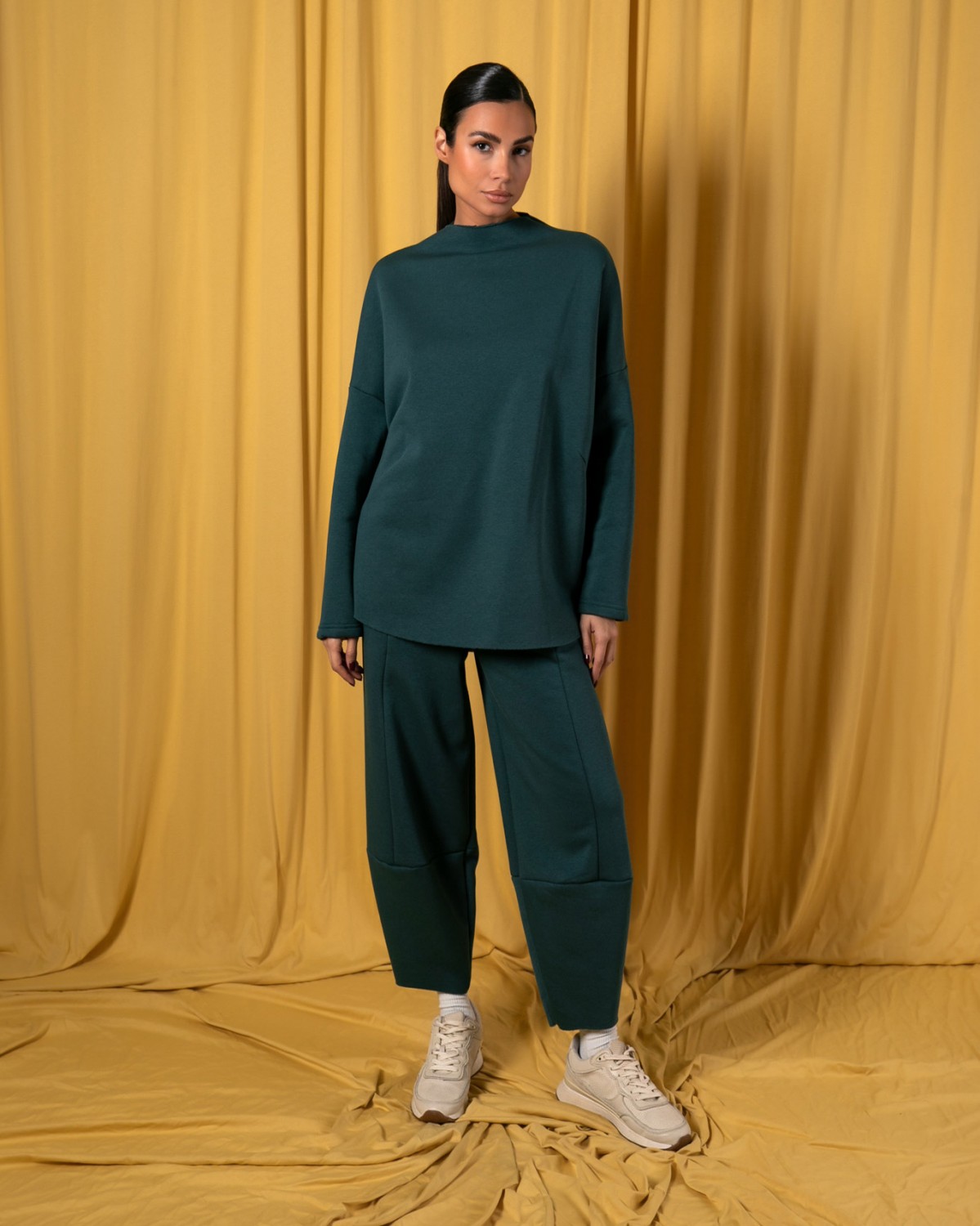 Σετ φούτερ χνούδι μακρυμάνικη μπλούζα oversized με κλειστή λαιμόκοψη - Παντελόνι carrot fit Dark green