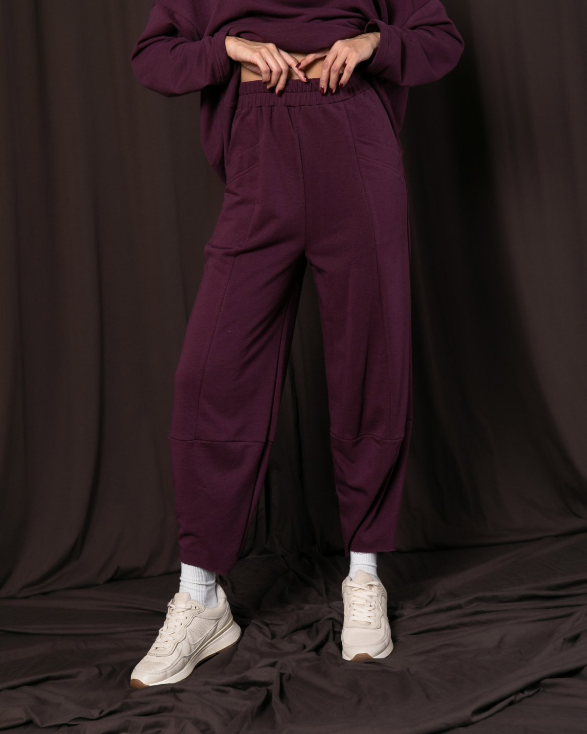 Σετ φούτερ αχνούδιαστο μπλούζα μακρυμάνικη oversized - Παντελόνι Carrot fit με λάστιχο στην μέση Plum