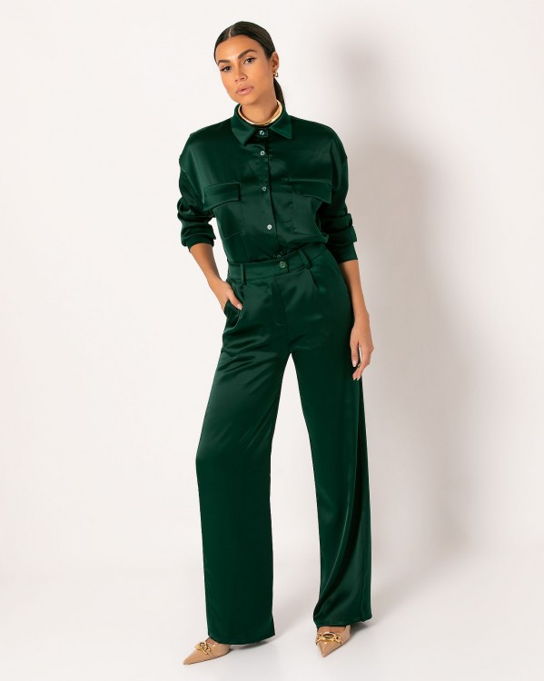 Σετ Πουκάμισο σατινέ με τσέπες - Παντελόνι ψηλόμεσο με πιέτες Πράσινο σκούρο 