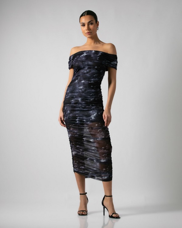 Φόρεμα maxi με σούρες ριχτό στους ώμους Μαύρο - Γκρι 