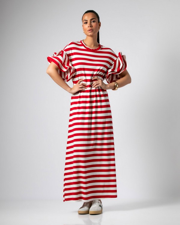 Φόρεμα maxi ριγέ κοντομάνικο με βολάν στα μανίκια Κόκκινο - Εκρού 