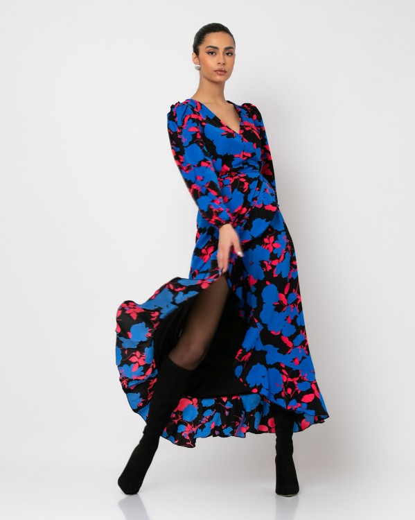 Φόρεμα maxi κρουαζέ μακρυμάνικο με βολάν και δέσιμο στο πλάι Μαύρο - Μπλε ρουά φλοράλ 