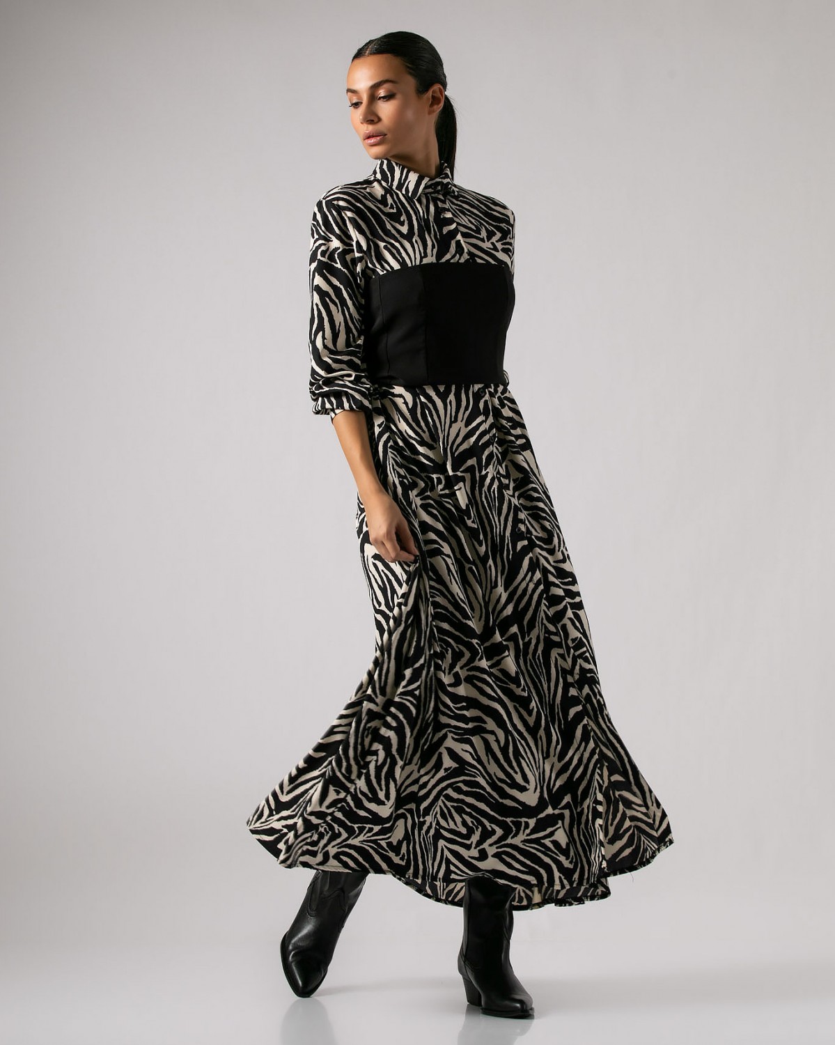 Φόρεμα σεμιζιέ 3/4 ζεβρέ Μαύρο - Μπεζ ζεβρέ 