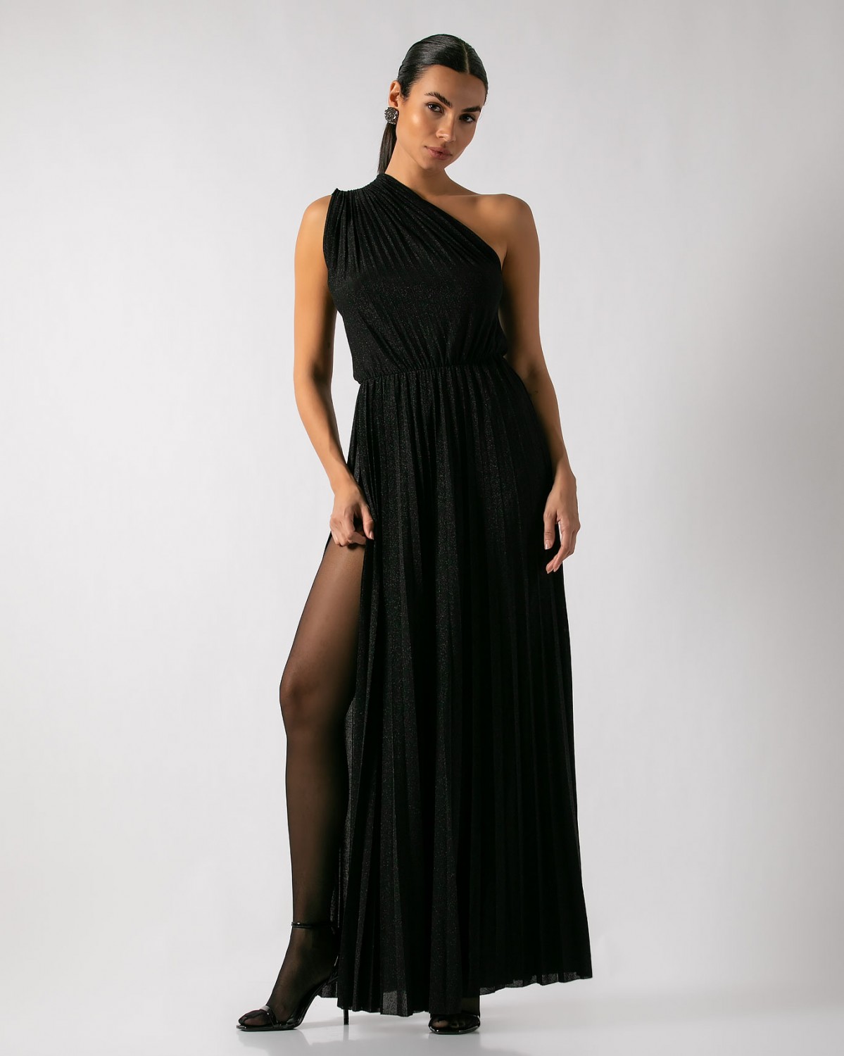 Φόρεμα maxi με έναν ώμο και άνοιγμα στο πλάι Μαύρο 
