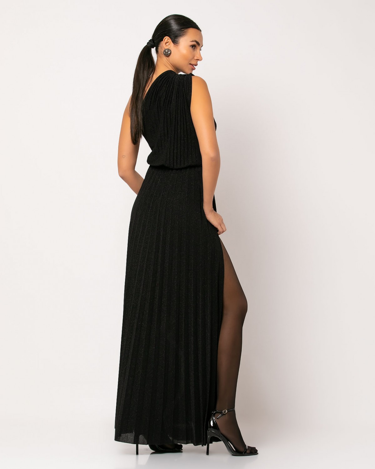 Φόρεμα maxi με έναν ώμο και άνοιγμα στο πλάι Μαύρο 