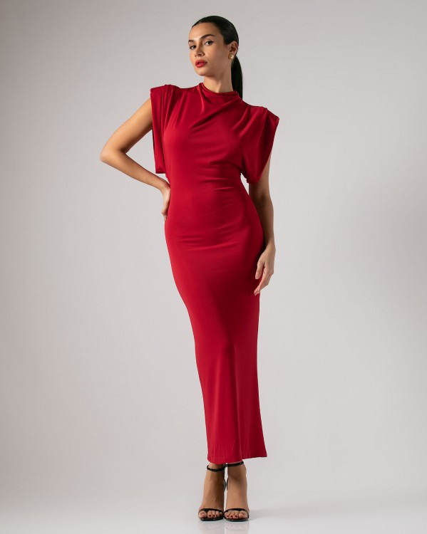 Φόρεμα maxi μακρυμάνικο με βάτες και κλειστή λαιμόκοψη Κόκκινο 
