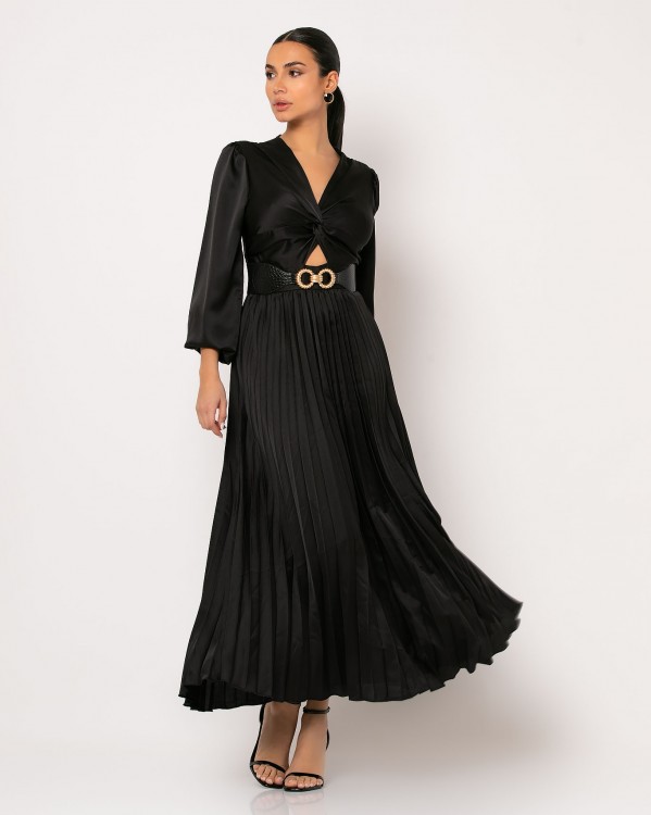 Φόρεμα maxi σατινέ μακρυμάνικο με κόμπο στο στήθος, πλισέ στο κάτω μέρος Μαύρο 
