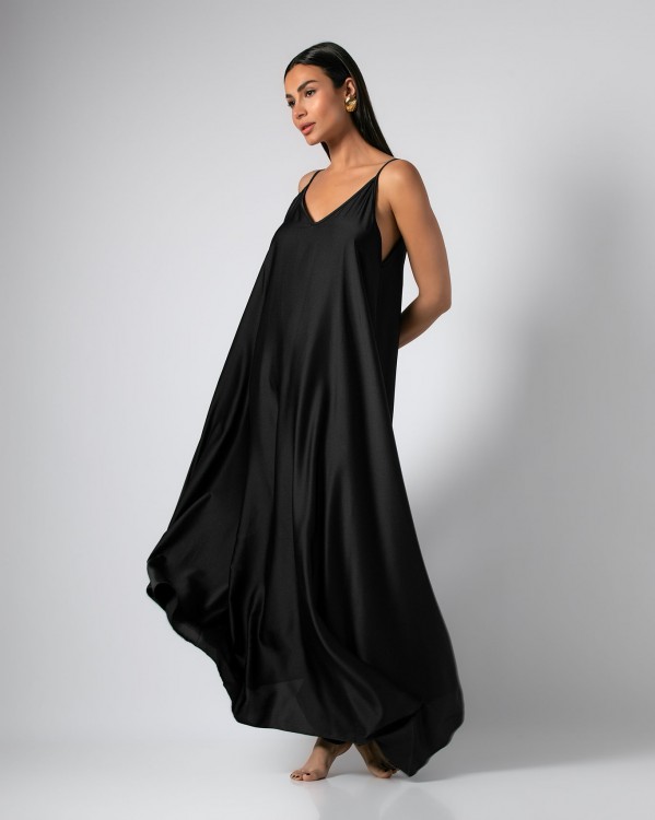 Φόρεμα maxi σατέν με "V" λαιμόκοψη Μαύρο 