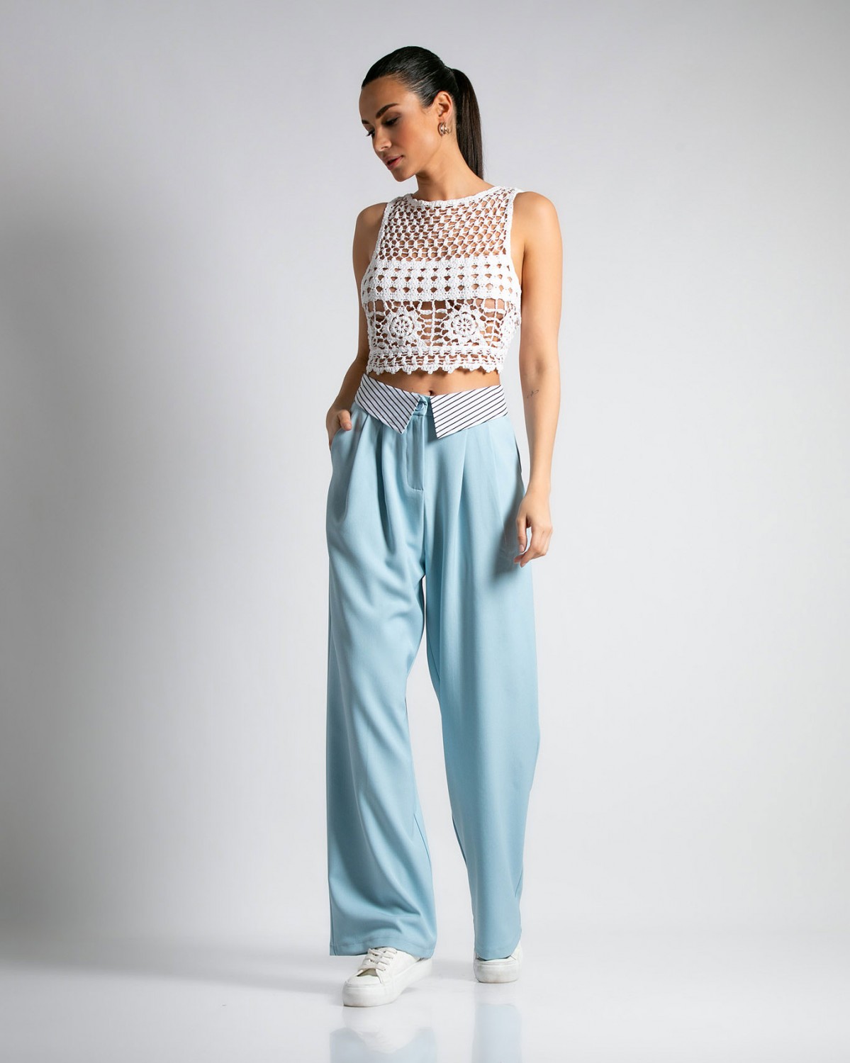 Παντελόνι ψηλόμεσο με πιέτες και διπλό ύφασμα στην μέση Γαλάζιο